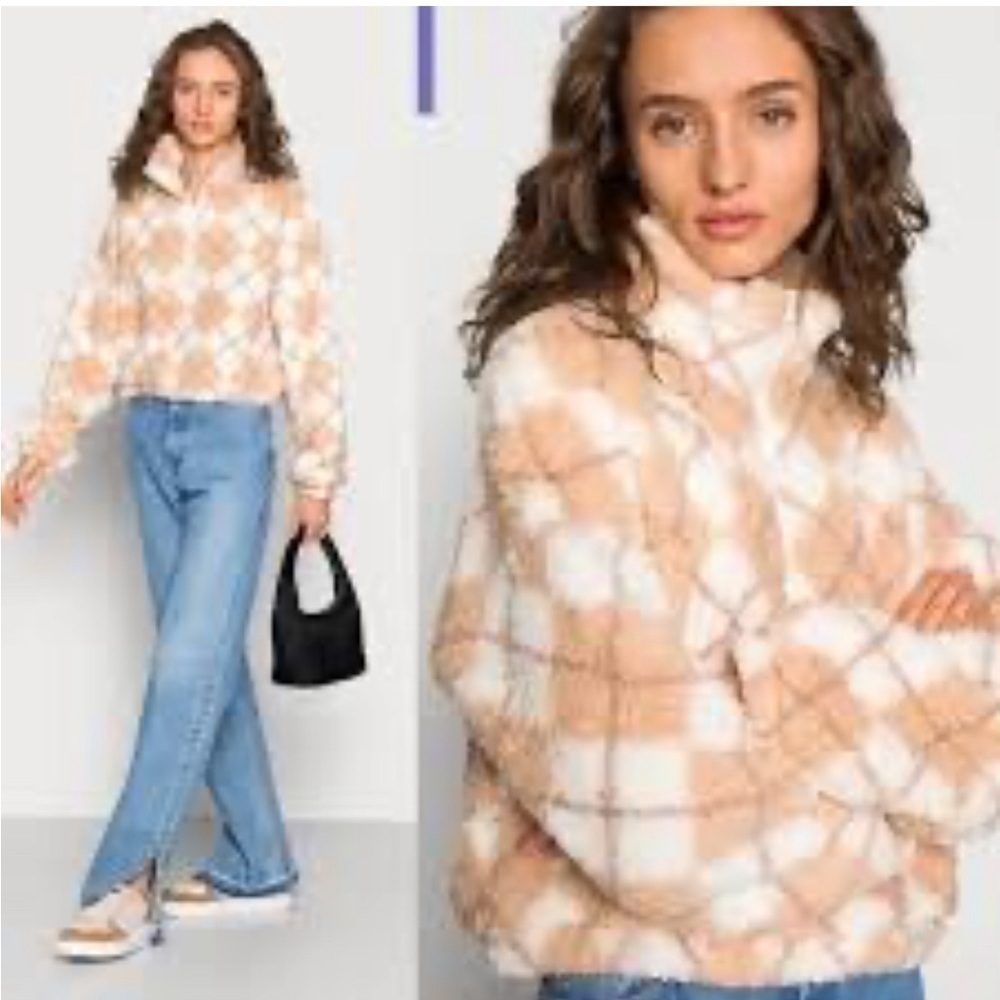 HOLLISTER 1/4‎ Zip Argyle Cropped Cozy Sherpa Pullover Sweatshirt Size XS Plush